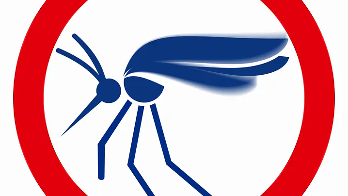 A blue silhouette of a mosquito with blurred wings is enclosed in a red circle, suggesting a prohibition or warning related to mosquitoes. The background is white. (global.generated_by_ai)