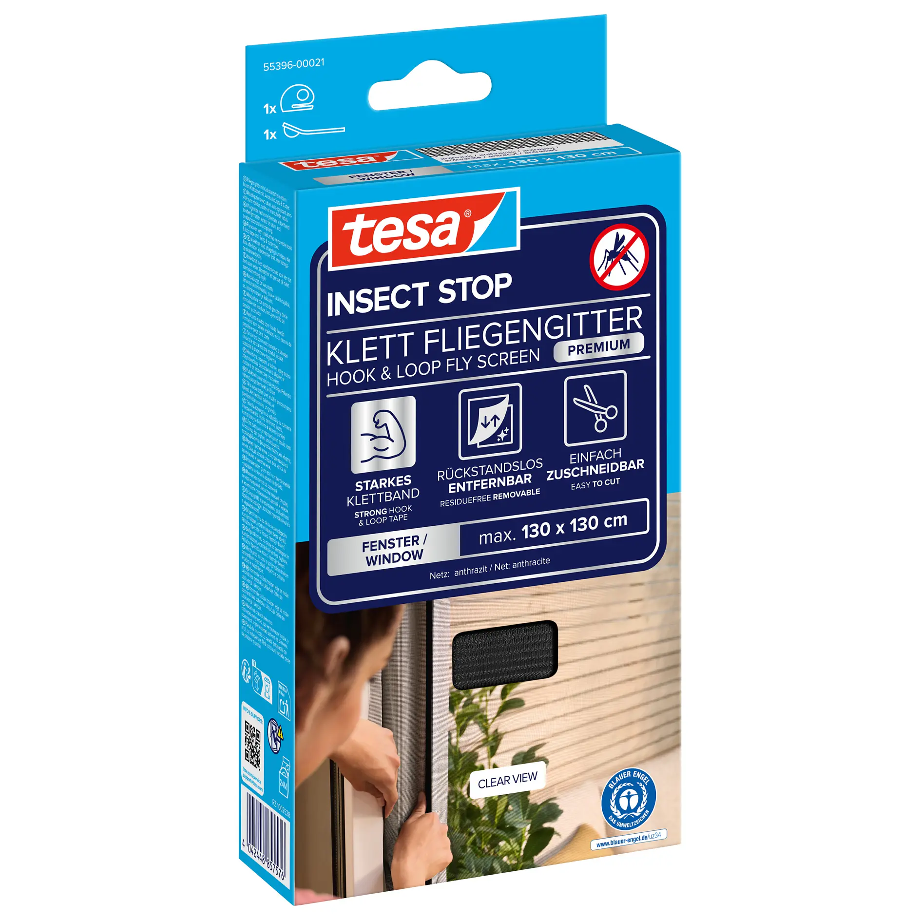 tesa insect stop hook and loop fly screen packaging showing product use on a window in an indoor setting (global.generated_by_ai)