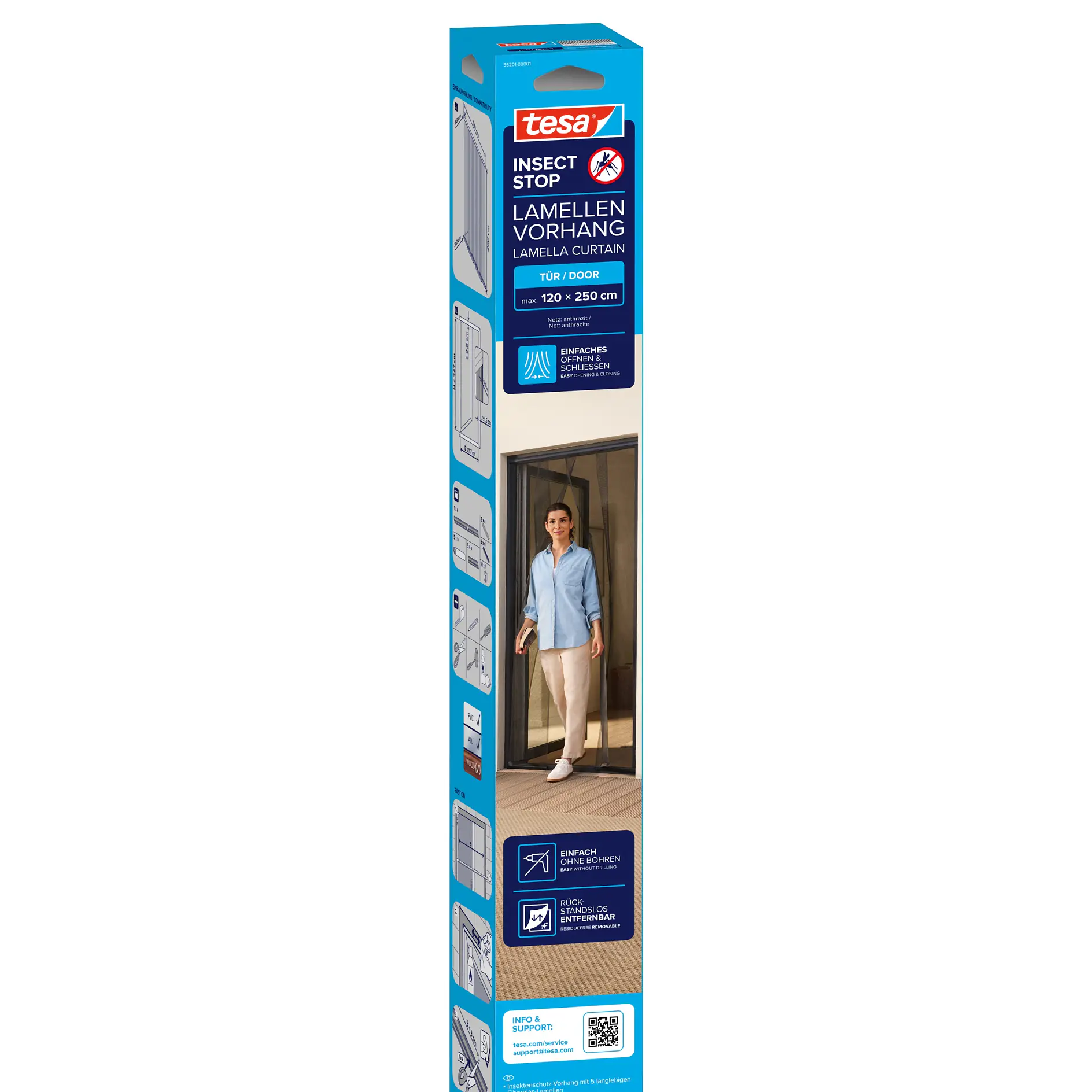 tesa insect screen door packaging showing a blue and white box with product details and a person installing the screen indoors (global.generated_by_ai)