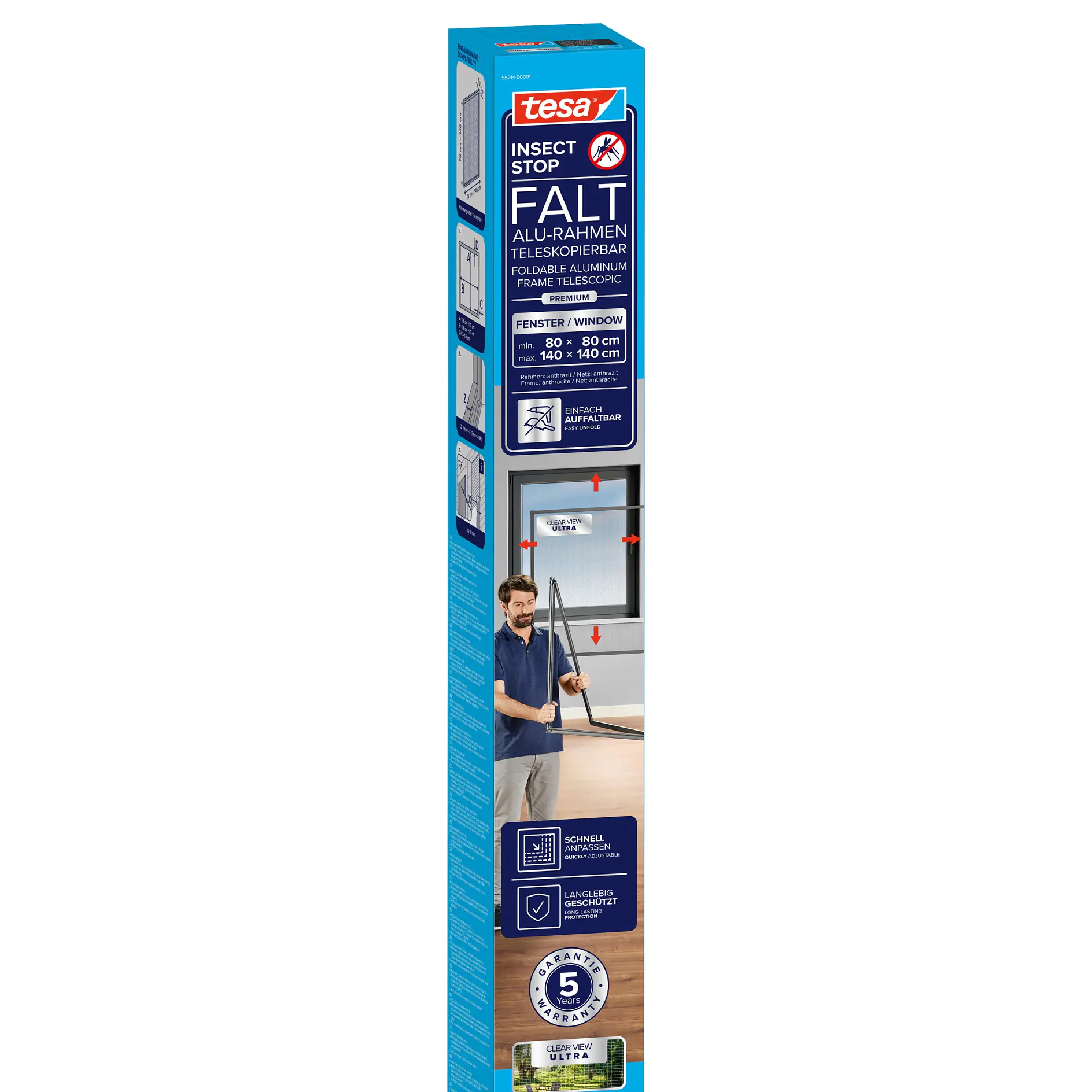 tesa indoor wall patching compound box with product details and a man applying patch on an indoor wall in a home setting (global.generated_by_ai)