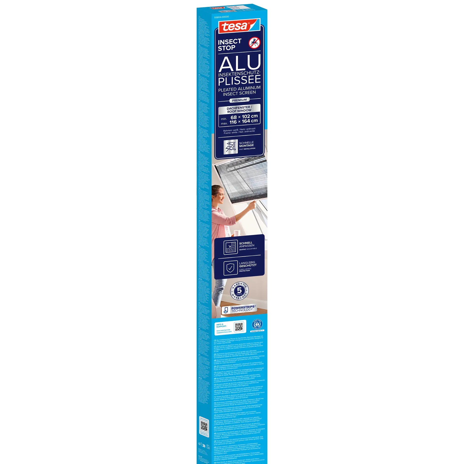 tesa alu plisse window blind packaging showing product image, features, and installation instructions on a white background (global.generated_by_ai)