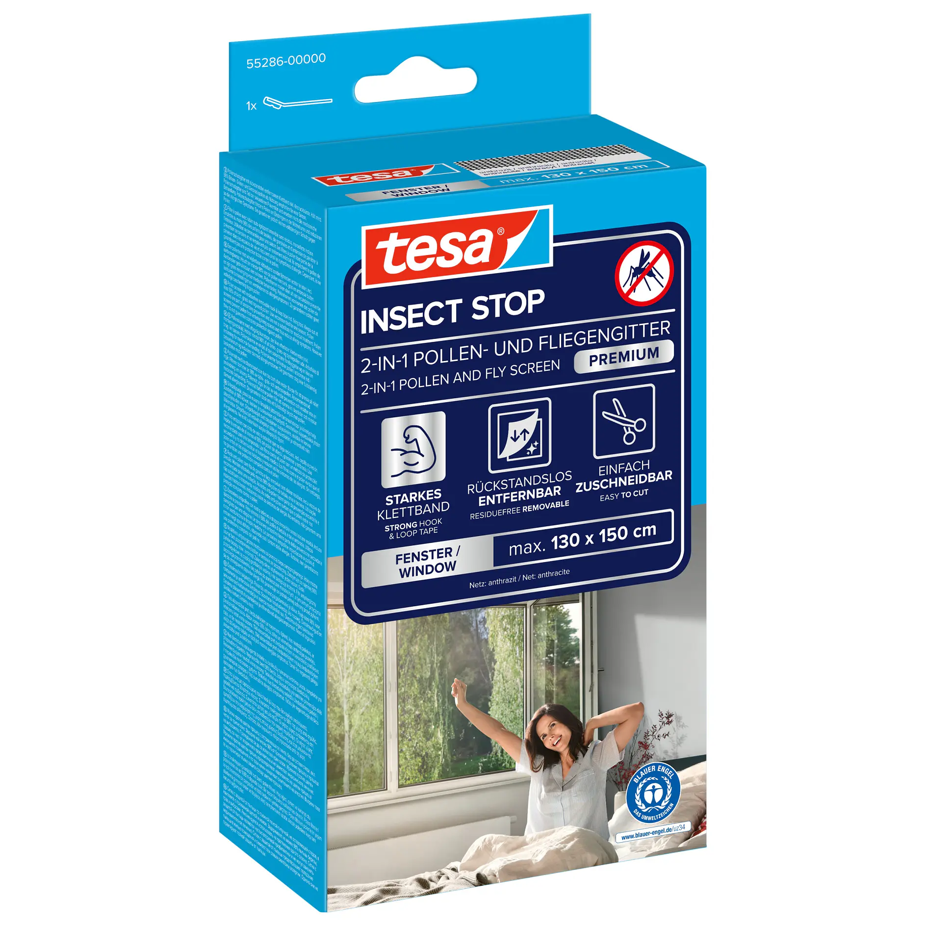 tesa insect stop 2-in-1 pollen and fly screen filter packaging showing a woman opening a window in a bright indoor setting (global.generated_by_ai)