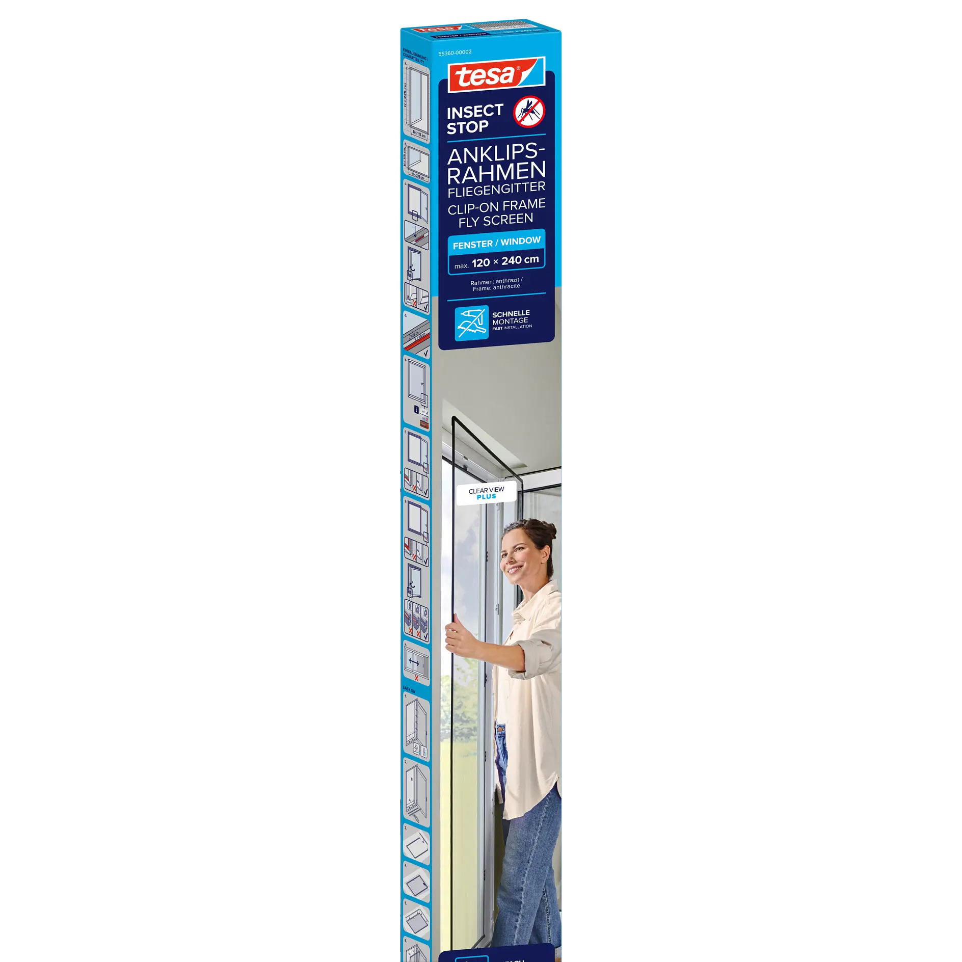 tesa insect window frame seal strip packaging with product image and installation demonstration on window indoors (global.generated_by_ai)