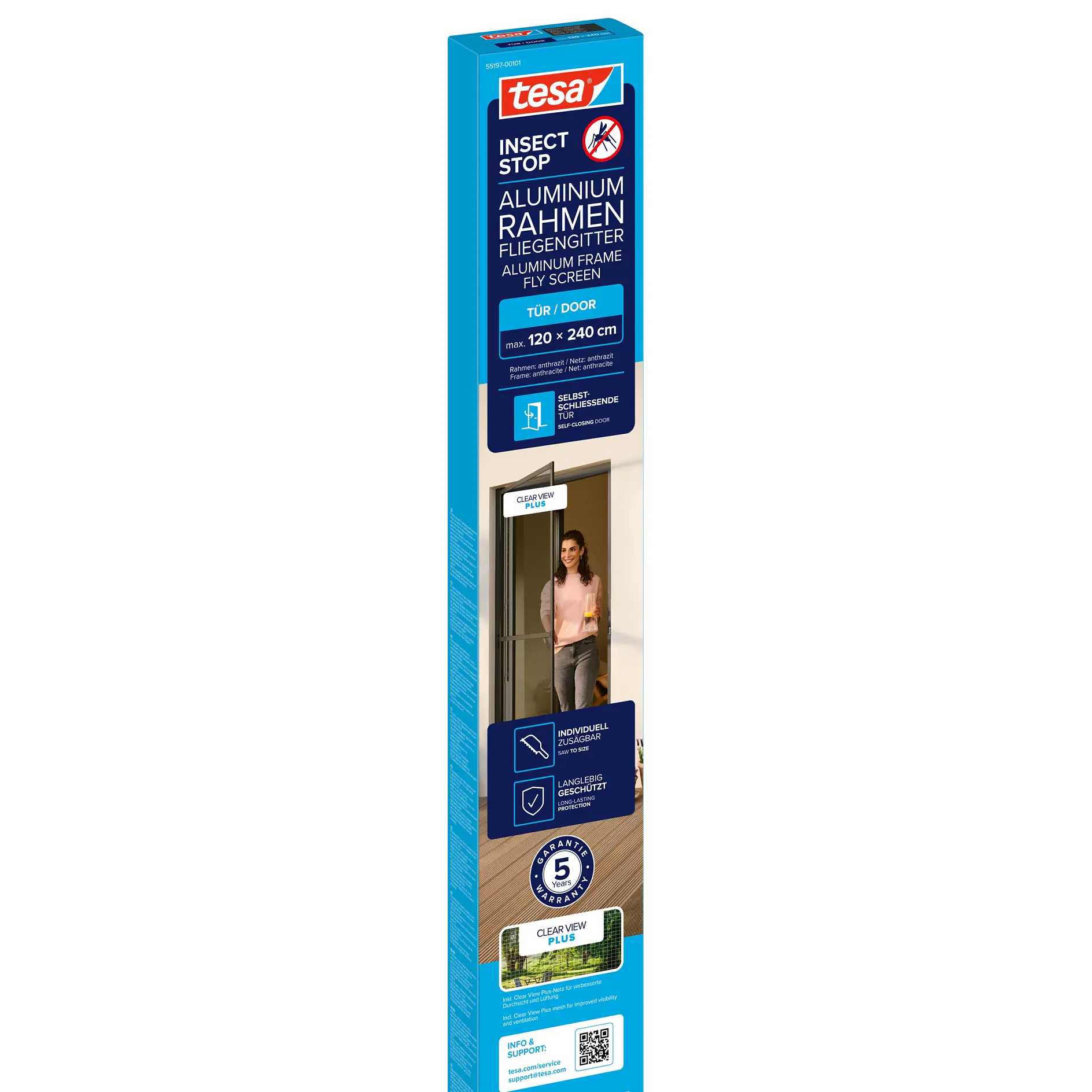 tesa direct self-adhesive aluminum frame corner protectors for indoor use, shown in retail packaging with product details and a person in the background (global.generated_by_ai)
